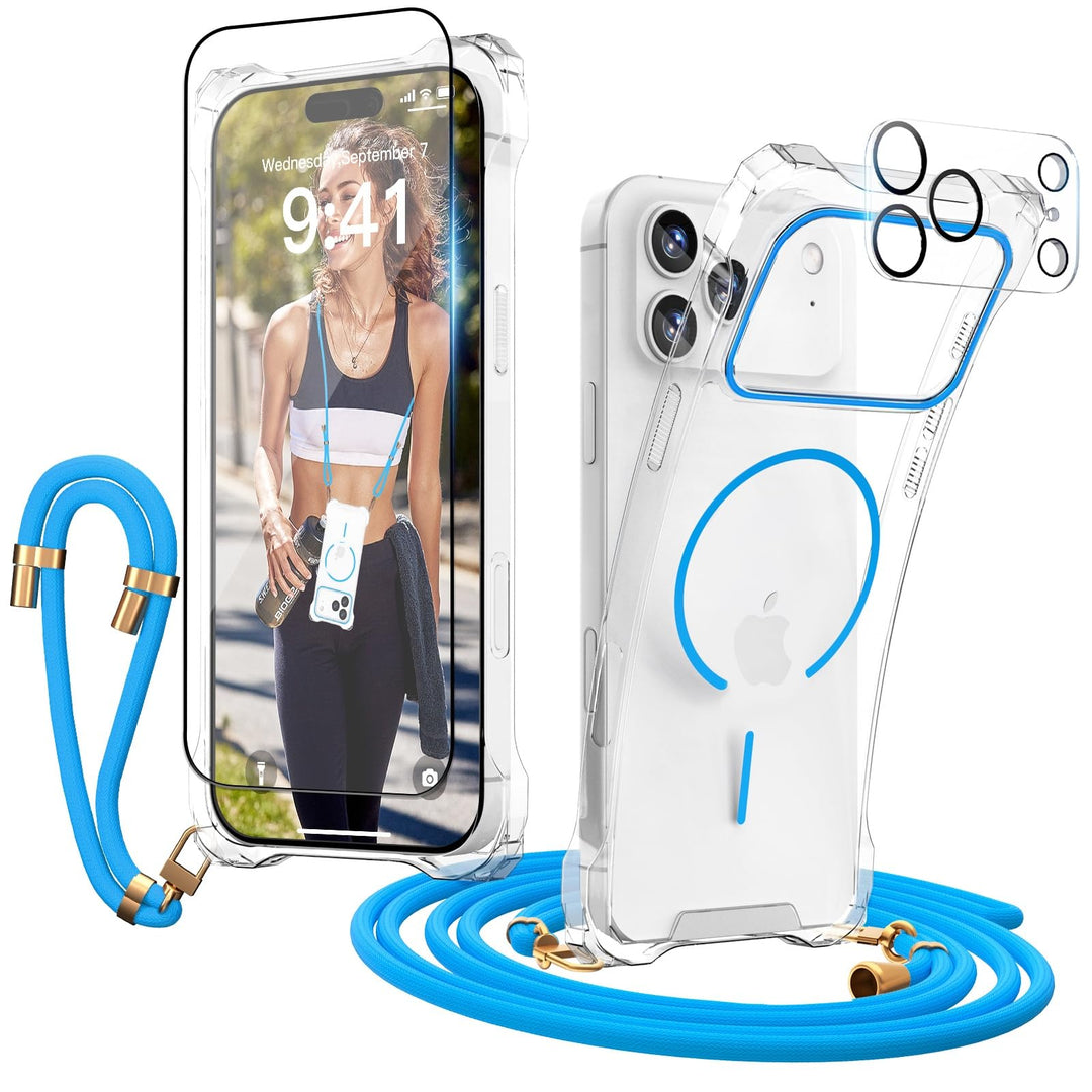 Handyband Abnehmbar für iPhone 17 Pro Max Hülle mit Band, Blau Langes Band zum Umhängen & Kurzkordel
