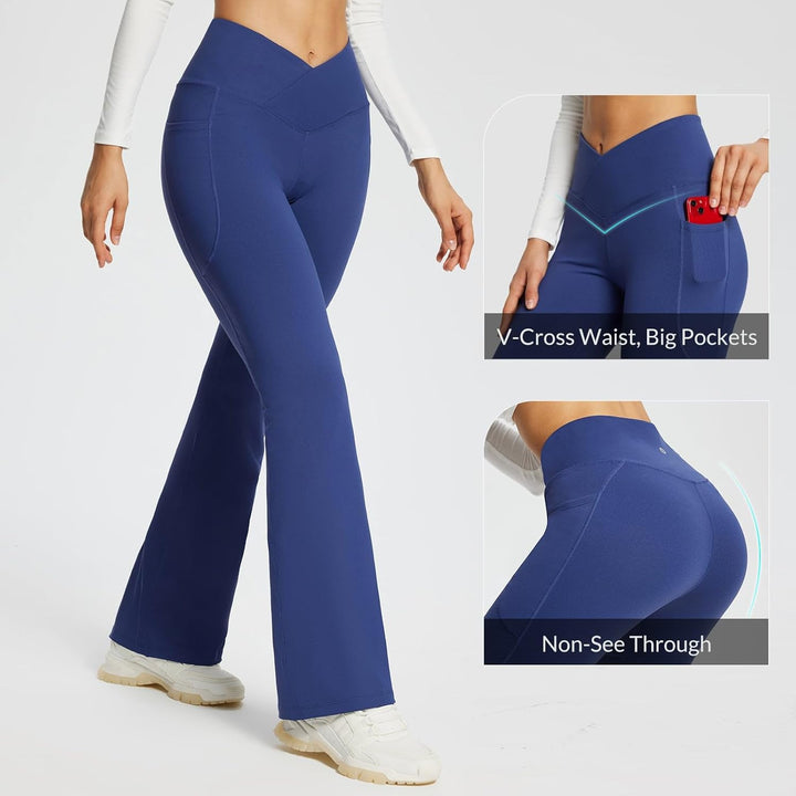 baleaf Damen Yogahose mit Taschen Schlaghose Stoff Flare Leggings Bauchkontrolle Sporthose Stretch H