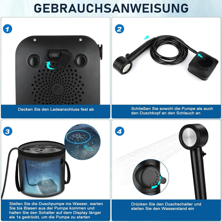 Spopal Campingdusche Tragbare, [mit 20L Klappbarer Eimer] Camping Dusche, 8000mAh Camping Dusche Akk