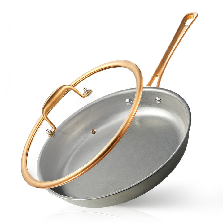 KOKHUB 28cm Edelstahl-Bratpfanne mit Deckel, Unbeschichtete Tri-Ply Induktionspfanne, Ofenfeste Stee