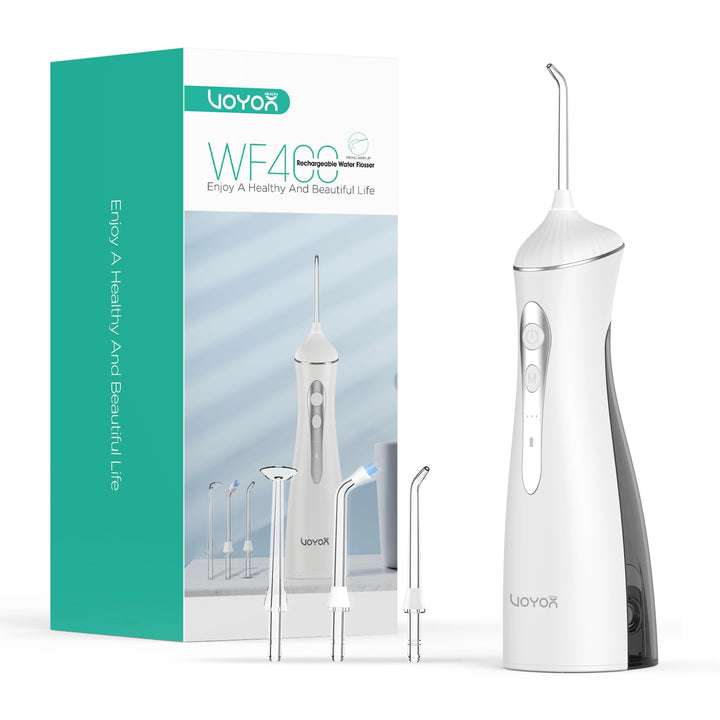 VOYOR-HEALTH Munddusche kabellos, Tragbar Water Flosser für Zähne 3 Modi &amp; 4 Düsen, Wiederaufladbar