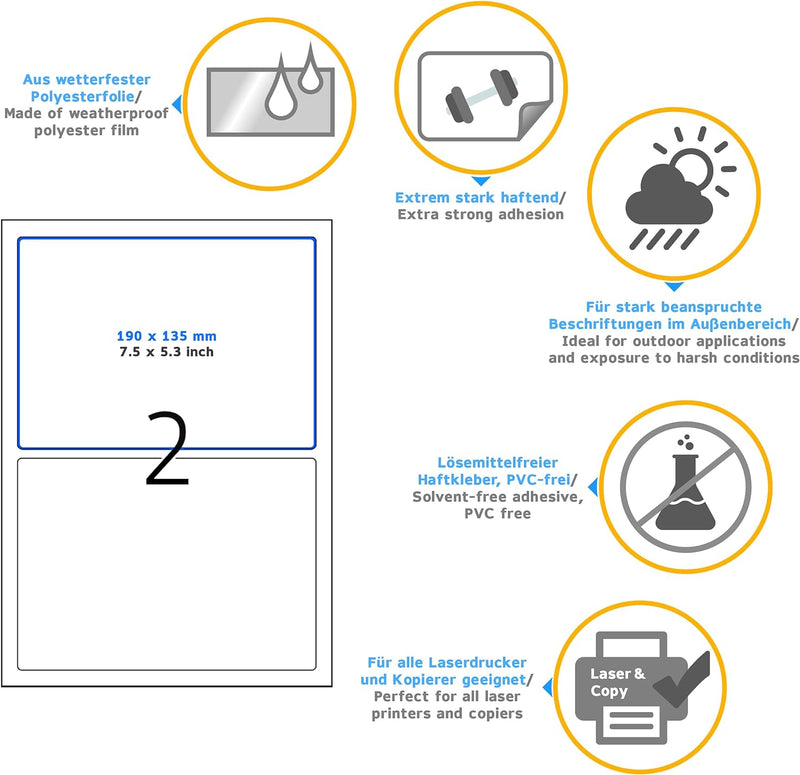 HERMA 8333 Wetterfeste Folienetiketten, 25 Blatt, 190 x 135 mm, 2 Stück pro A4 Bogen, 50 Aufkleber,