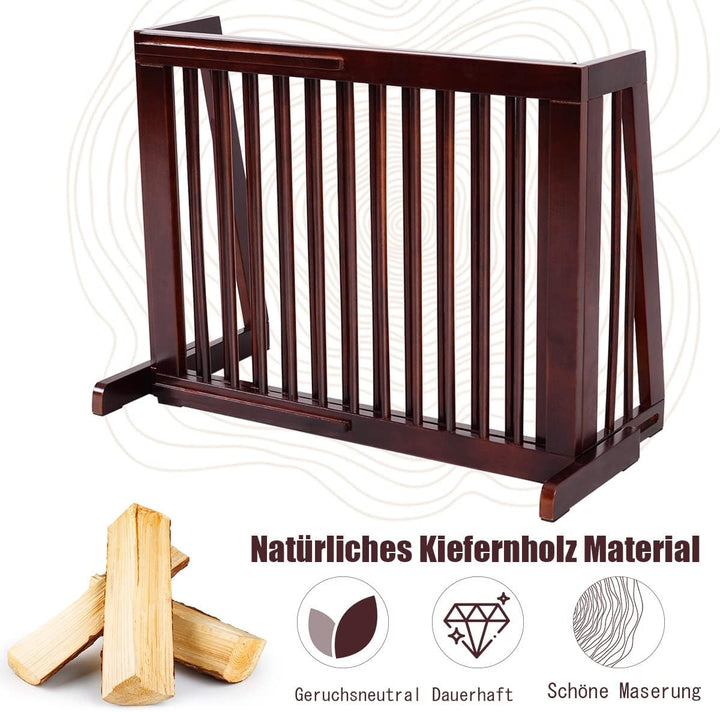 GYMAX Freistehendes Absperrgitter Holz, 140-203 cm einziehbares Haustiergitter, Hundegitter mit 2 St