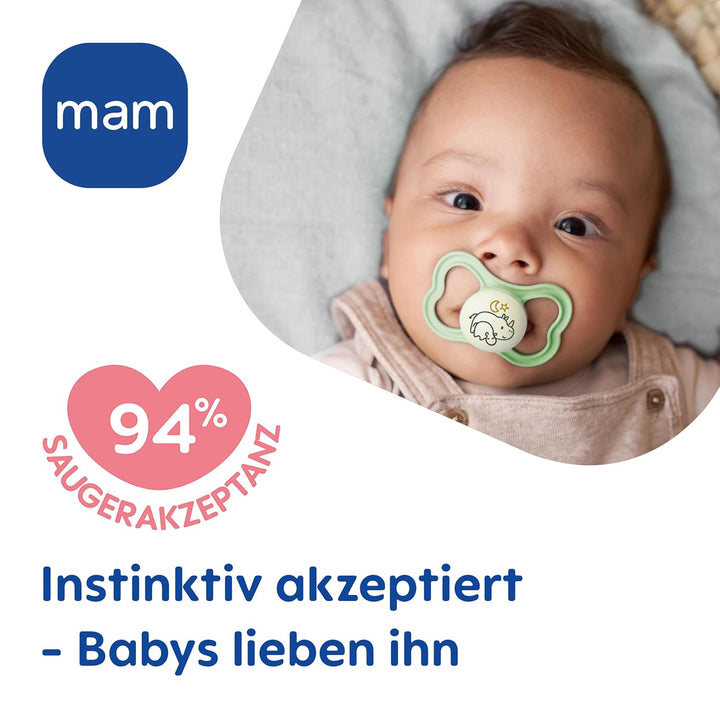 MAM Air Night Silikon Schnuller im 2er-Set, zahnfreundlicher und leuchtender Baby Schnuller, extra l