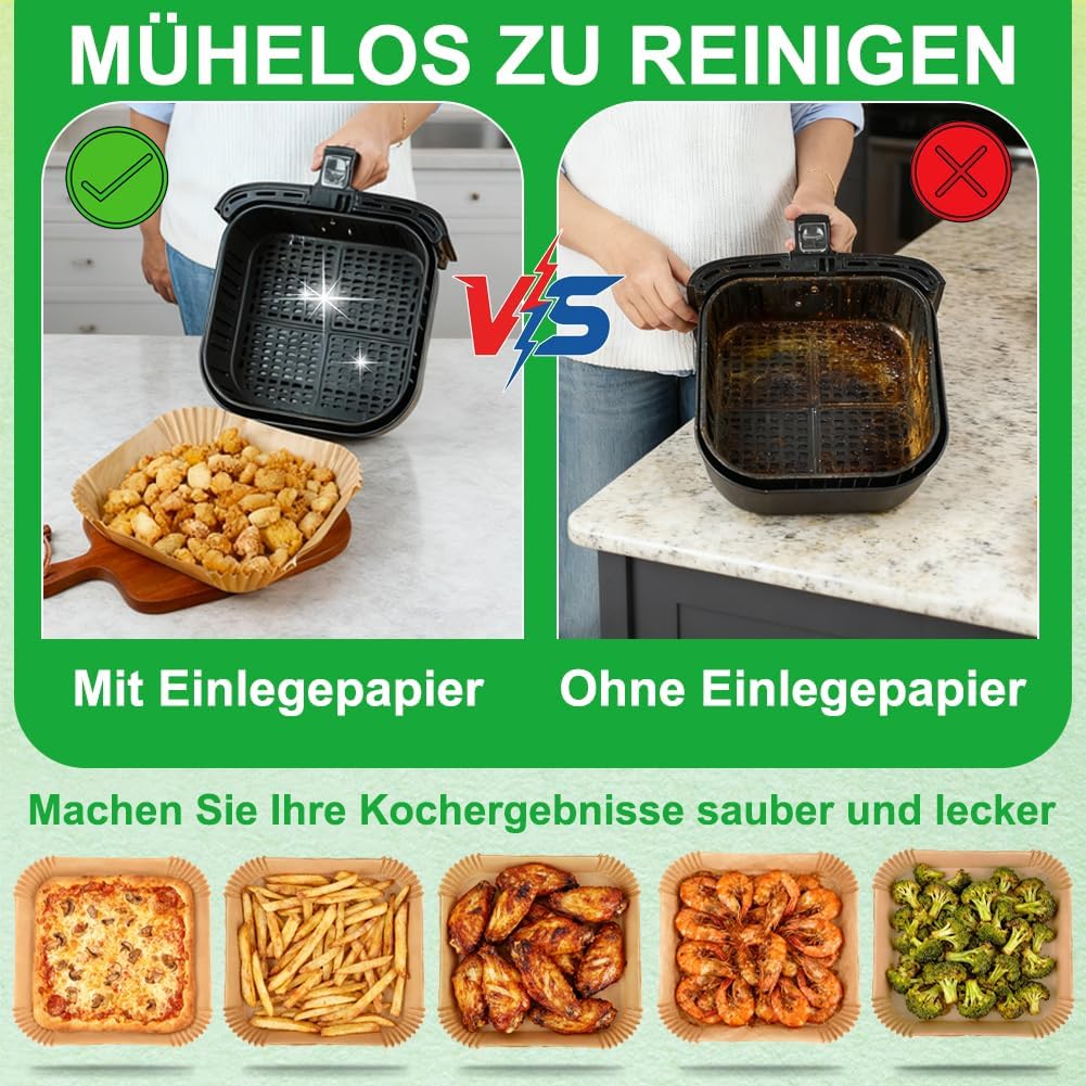 BYKITCHEN 200 Stück Backpapier Airfryer für 8L-12L Heissluftfritteuse, 25cm, Antihaft Eckig Hitzebes
