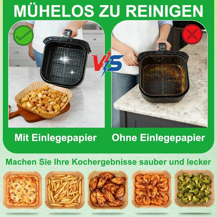 BYKITCHEN 200 Stück Backpapier Airfryer für 8L-12L Heissluftfritteuse, 25cm, Antihaft Eckig Hitzebes