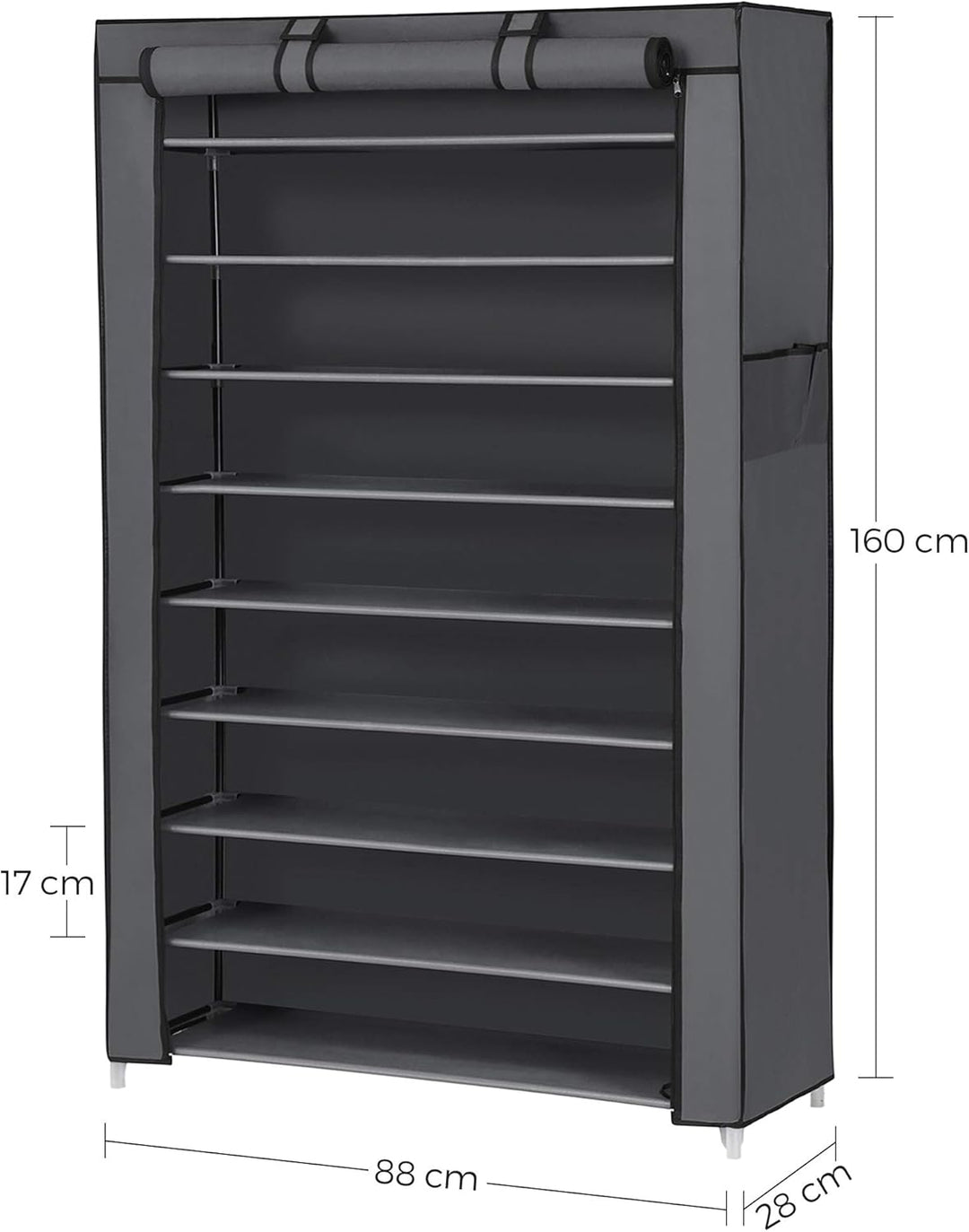 SONGMICS Schuhregal, 10 Etagen, Schuhregal für den Eingangsbereich, 28 x 88 x 160 cm, mit Stoffbezug