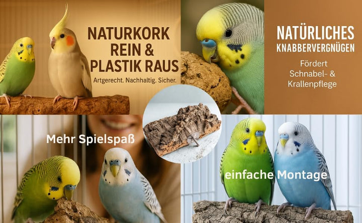 20 x 10cm plastikfrei - Korksitzbrett für Wellensittich + 2 Knabberkorken aus der Korkrinde hitzebeh