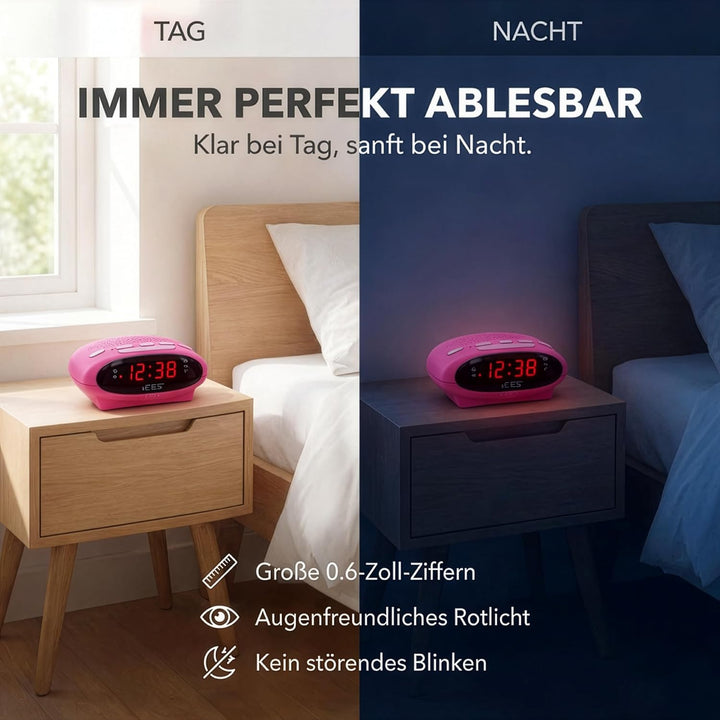 Ices ICR-210 Pink - FM Uhrenradio - Radiowecker mit 2 Weckzeiten - PLL FM - Schlummerfunktion - Slee