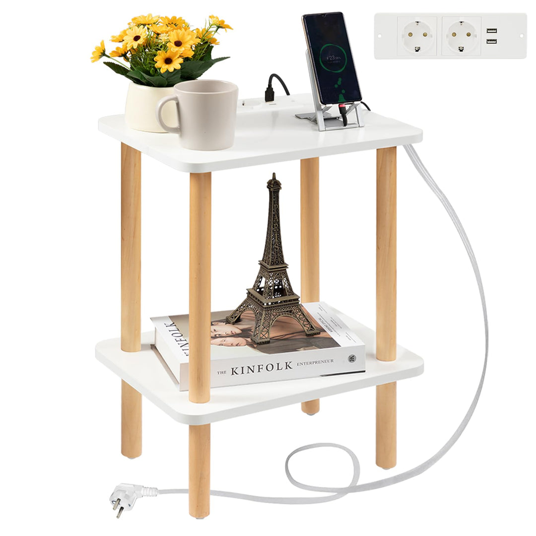 FORAOFUR Beistelltisch Holz, Beistelltisch klein mit Ladestation, Nachttisch klein, 2 Ebenen Telefon
