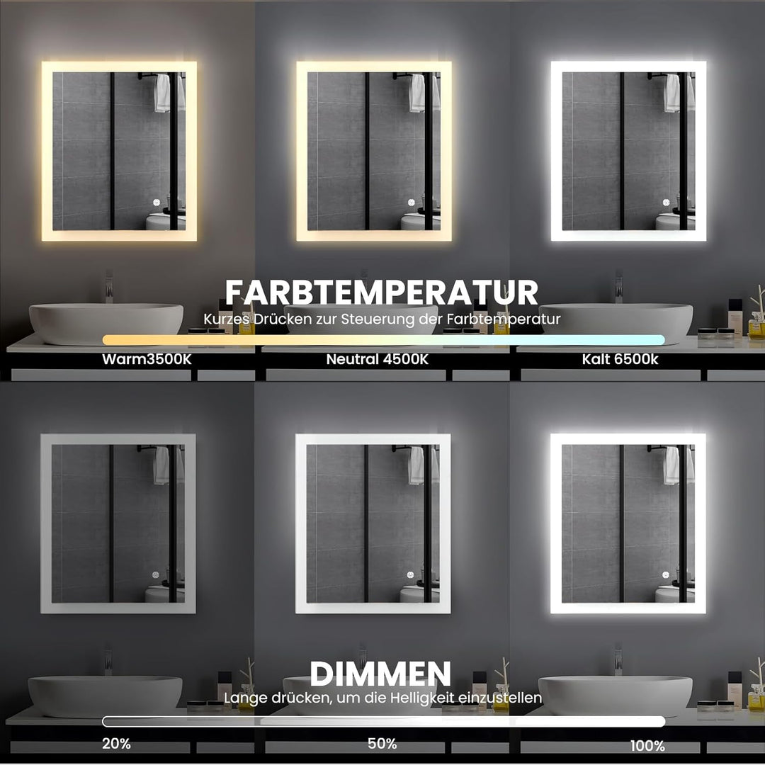 Trintion Badezimmerspiegel mit Beleuchtung, 60x50 cm Vertikal und Horizontal Montage Led Spiegel, Wa