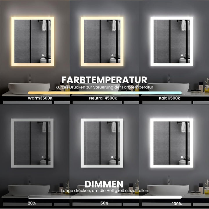Trintion Badezimmerspiegel mit Beleuchtung, 60x50 cm Vertikal und Horizontal Montage Led Spiegel, Wa