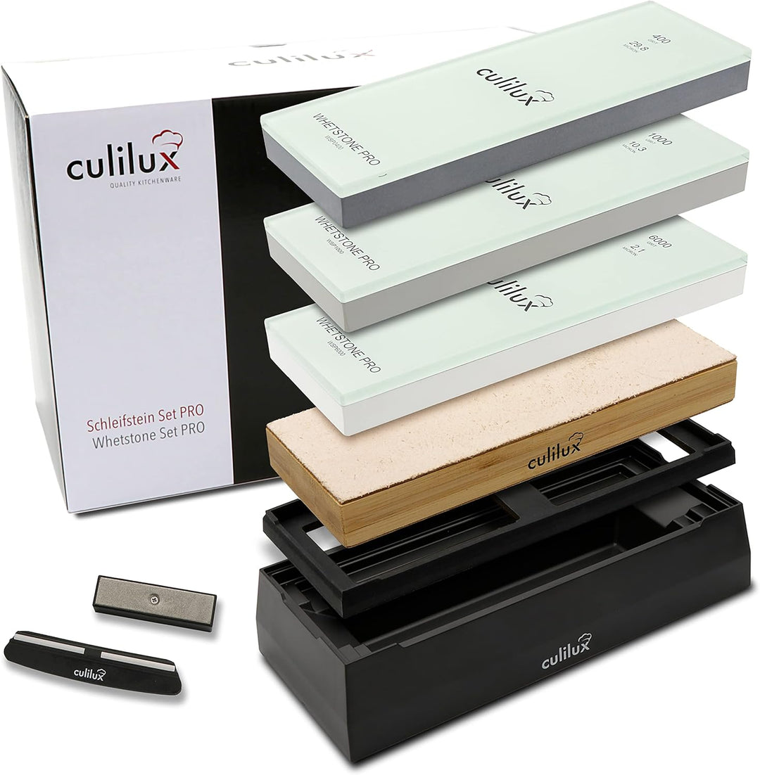 CULILUX Pro Schleifstein Profi Set XL Wetzsteine Körnung 400 1000 6000 auf Glas doppelseitige Leder-