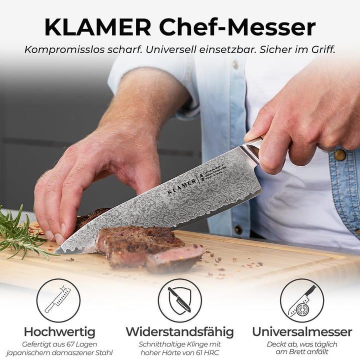 KLAMER Damast Chefmesser 20cm, extra scharfes Küchenmesser, echter japanischer Damaststahl, Fleischm