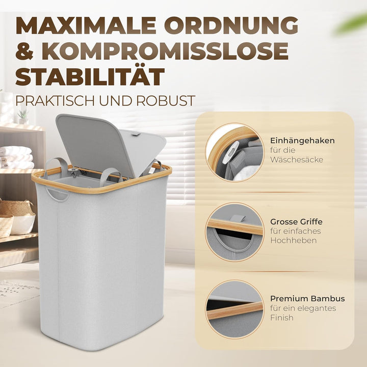 Wäschekorb 2 Fächer mit Deckel 150 Liter Bambus-Stoff Hell Grau Gross - Wäschesortierer Wäschetonne