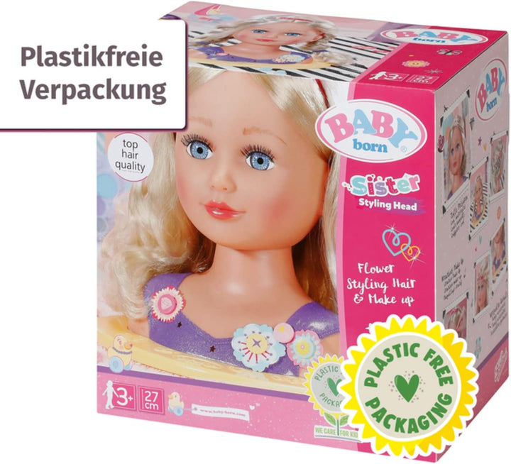 BABY born 825990 Sister Styling Head, Puppen-Frisierkopf zum Schminken, Stylen und Frisieren mit hoc