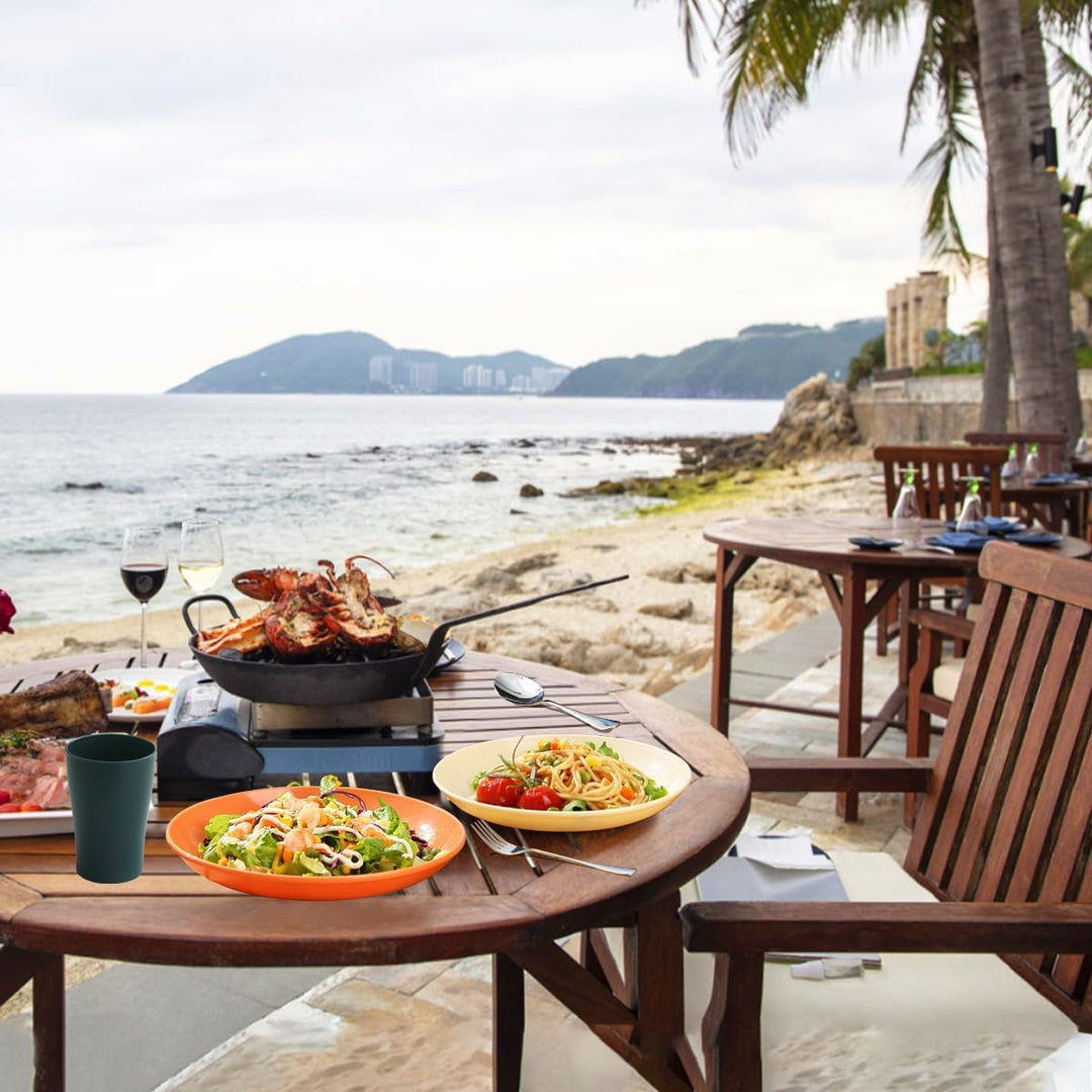 Kyraton Camping Besteck Set, wiederverwendbarer Leichter Becher, Schalen, Teller und Edelstahlbestec