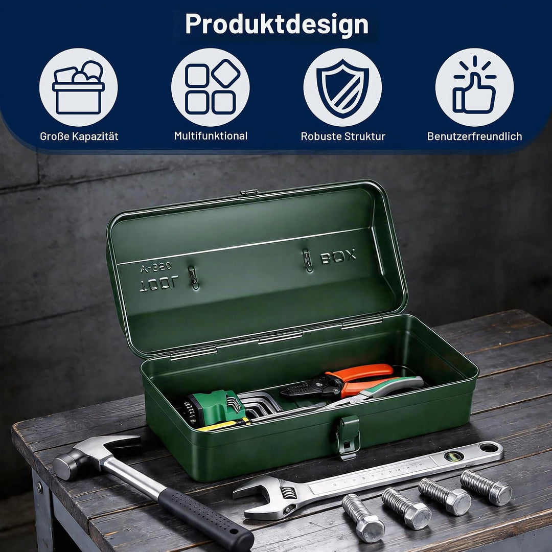 Wrkzeugkiste Metall Leer – 37x16x12cm Tragbarer Werkzeugkasten mit Griff und Verriegelung, Robuster