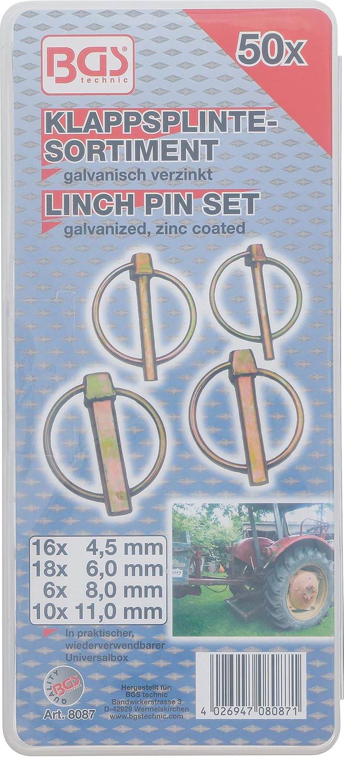 BGS 8087 | Klappsplinte-Sortiment | 50-tlg. | Klappstecker | verzinkt | 4,5 - 6 - 8 - 11 mm &amp; BGS 80