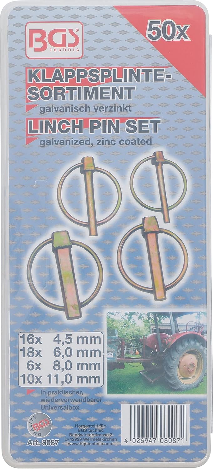 BGS 8087 | Klappsplinte-Sortiment | 50-tlg. | Klappstecker | verzinkt | 4,5 - 6 - 8 - 11 mm & BGS 80