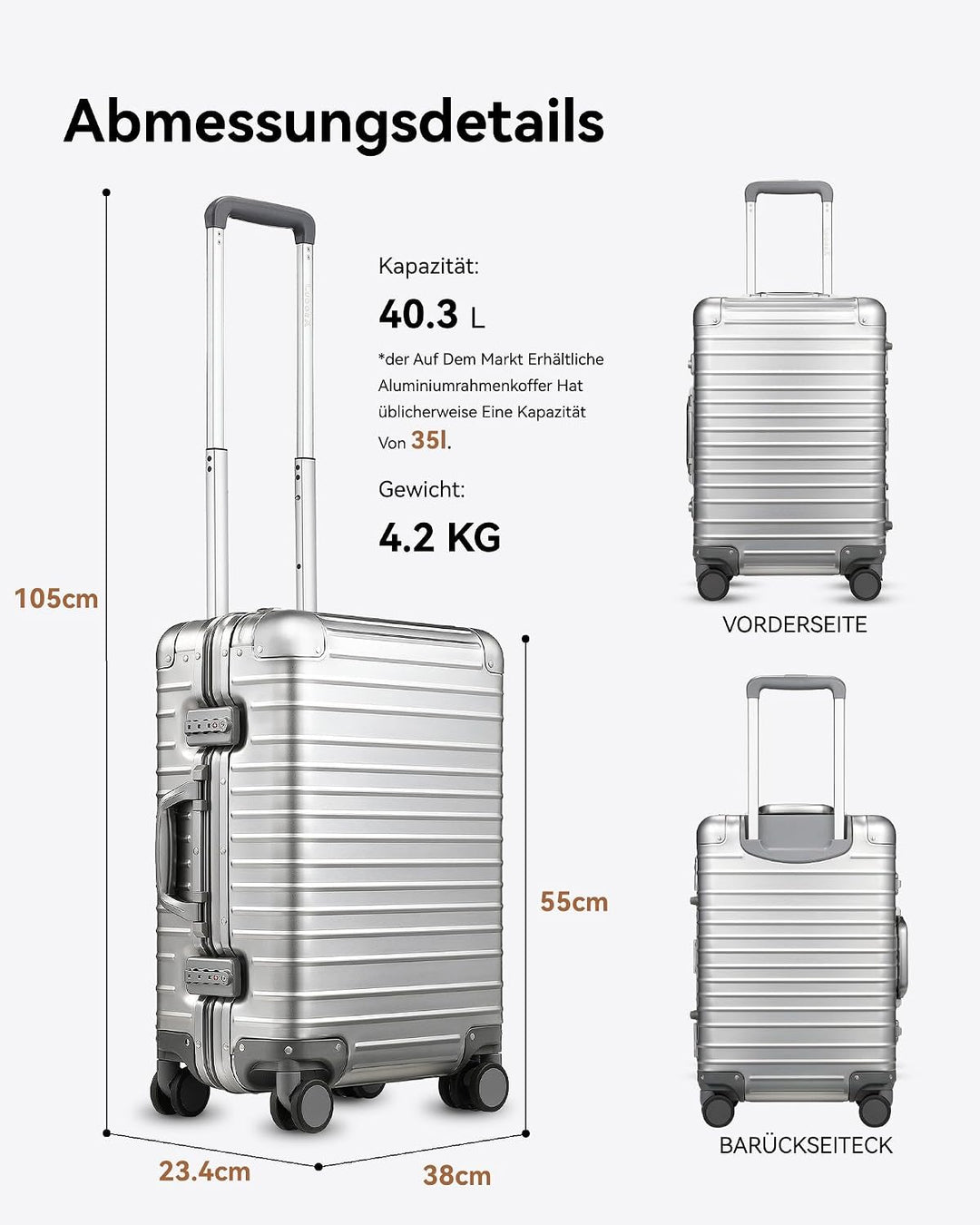 LUGGEX Aluminium Koffer Handgepäck, 100% Alu Koffer Trolleys ohne Reissverschluss, Hartschalekoffer
