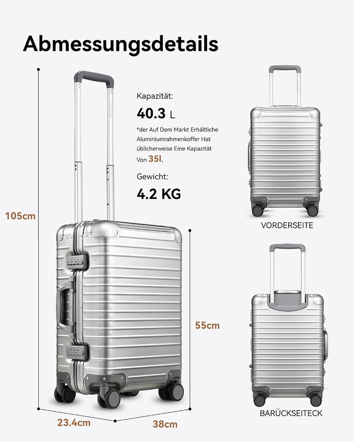 LUGGEX Aluminium Koffer Handgepäck, 100% Alu Koffer Trolleys ohne Reissverschluss, Hartschalekoffer
