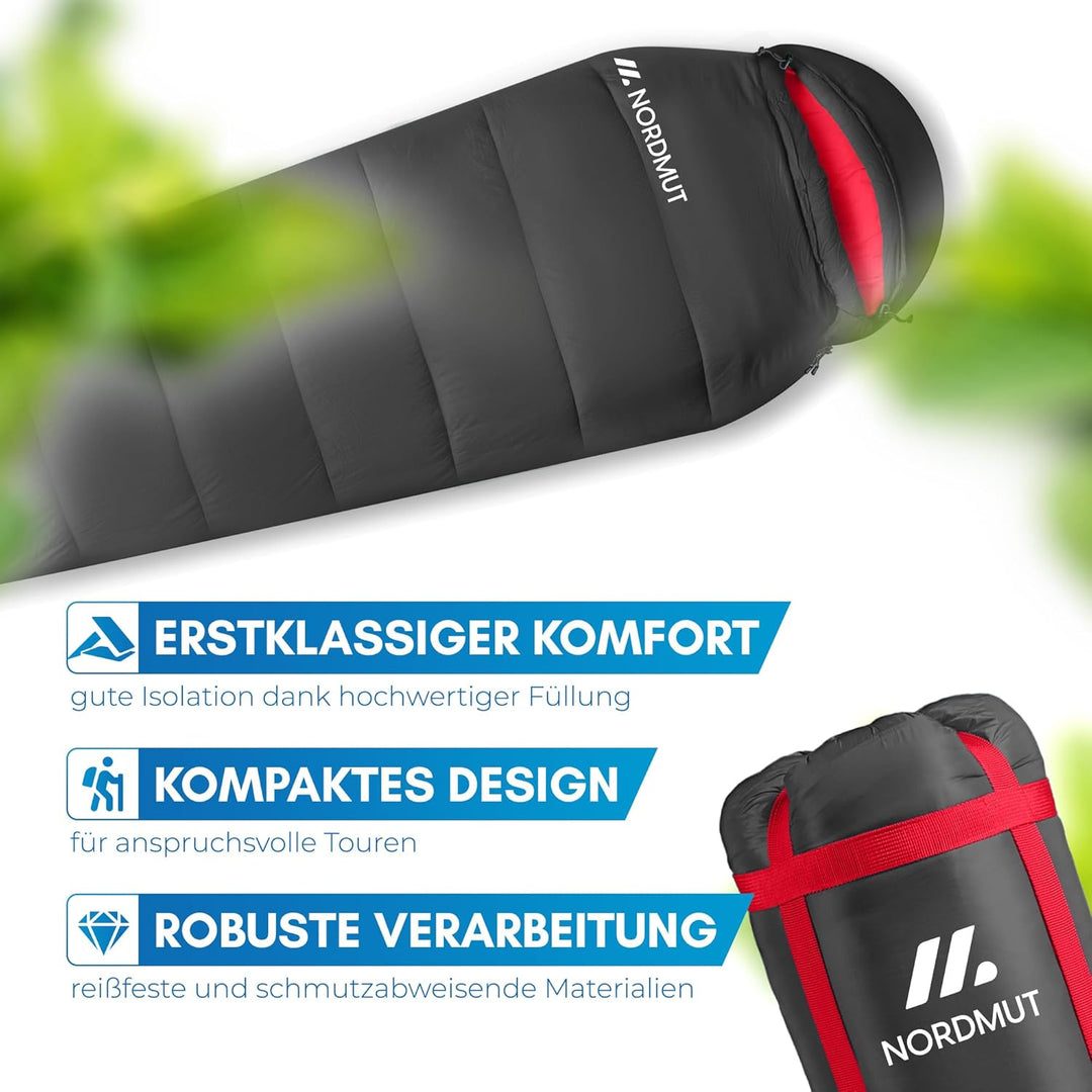 NORDMUT® Schlafsack Erwachsene – kleines Packmass & Ultraleicht (900/1500g) – 3-Jahreszeiten (250 GS