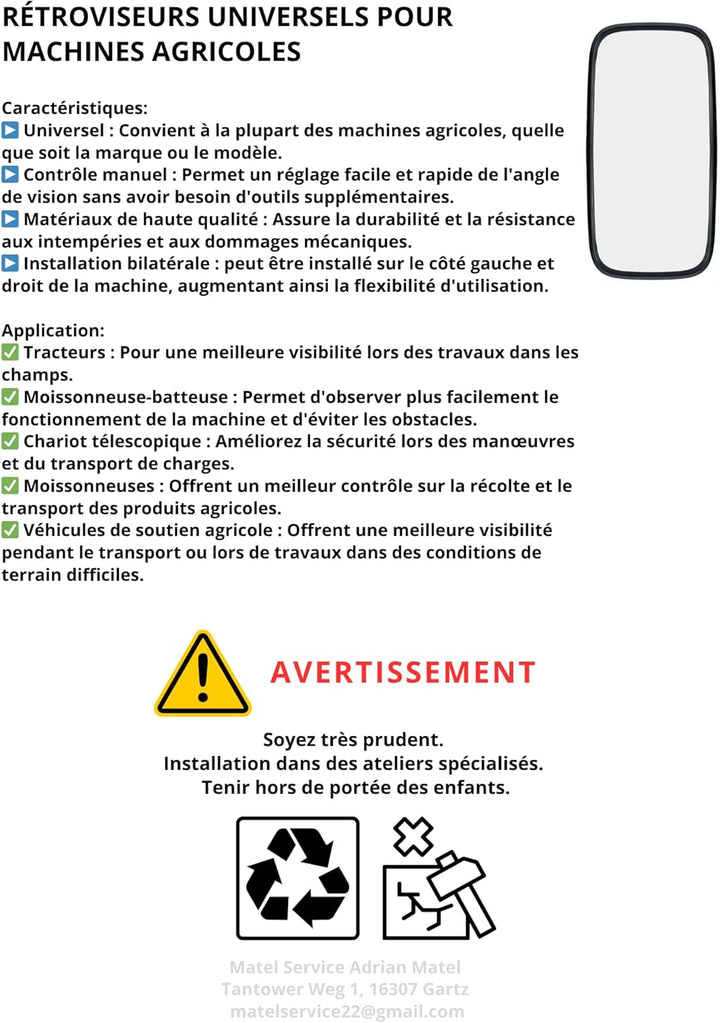 2x Aussenspiegel Rückspiegel Beheizt 390x195 Traktor Spiegelarm Spiegelhalter