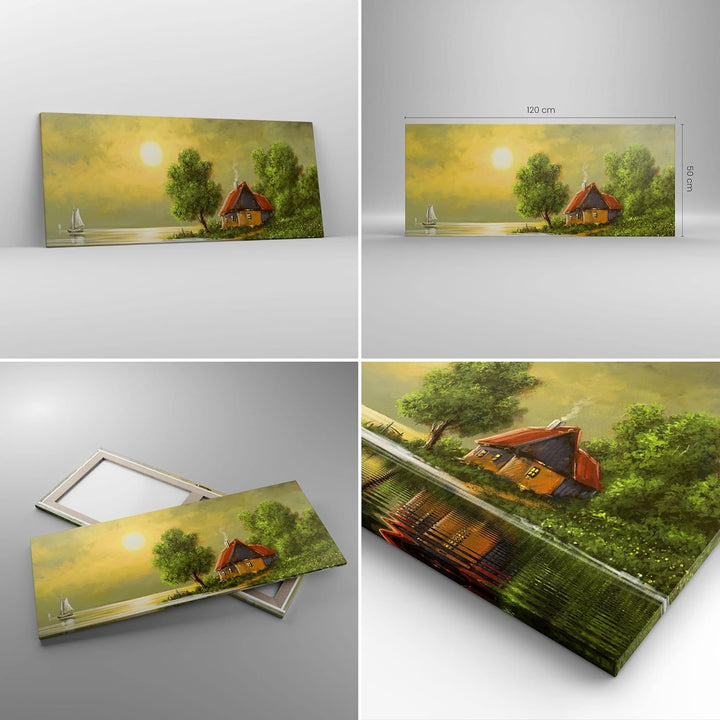 Wandbilder Dekoration Wohnzimmer Boot Wasser Hütte Panorama Bilder auf Leinwand 120x50cm Leinwandbil