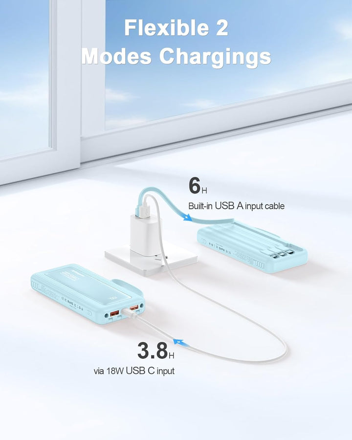 Powerbank mit integrierten Kabeln, 10000mAh, 22,5W Schnellladefunktion, USB-C LED-Anzeige, tragbares