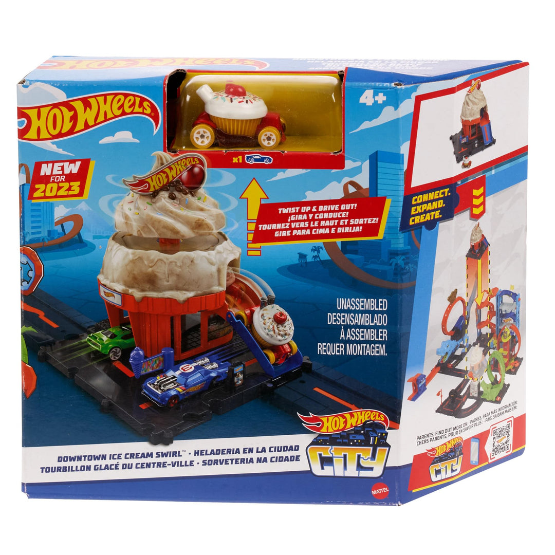 Hot Wheels City Downtown Spielset Eiskrem-Strudel - Rennbahn-Action mit manuellem Aufzug, Eiskrem-Wi