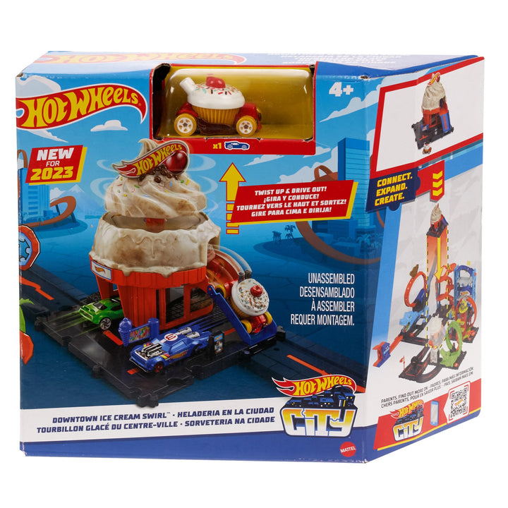 Hot Wheels City Downtown Spielset Eiskrem-Strudel - Rennbahn-Action mit manuellem Aufzug, Eiskrem-Wi