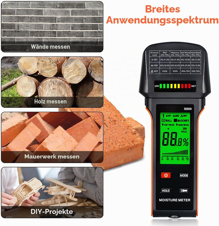 Holzfeuchtemessgerät 4-in-1, 5000N Digitales induktives feuchtigkeitsmesser wand für Wände, Mauerwer