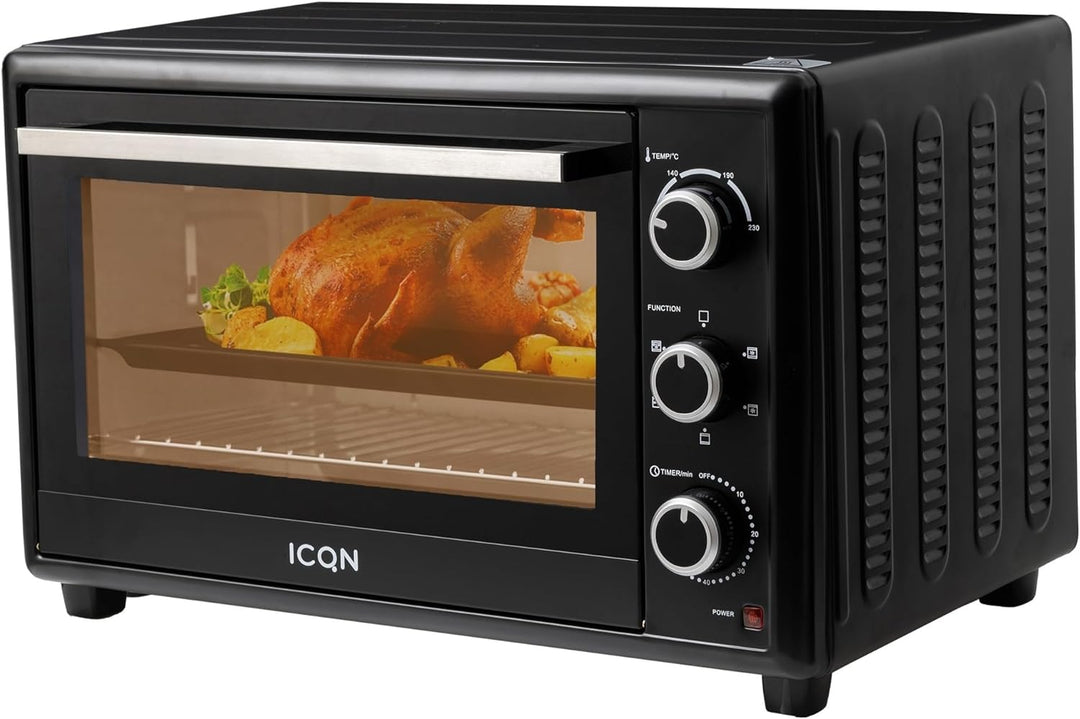 ICQN 50L Minibackofen mit Umluft, 1800 W, Innenbeleuchtung, 5 Kochfunktionen, 60 Min Timer, inkl. Ba