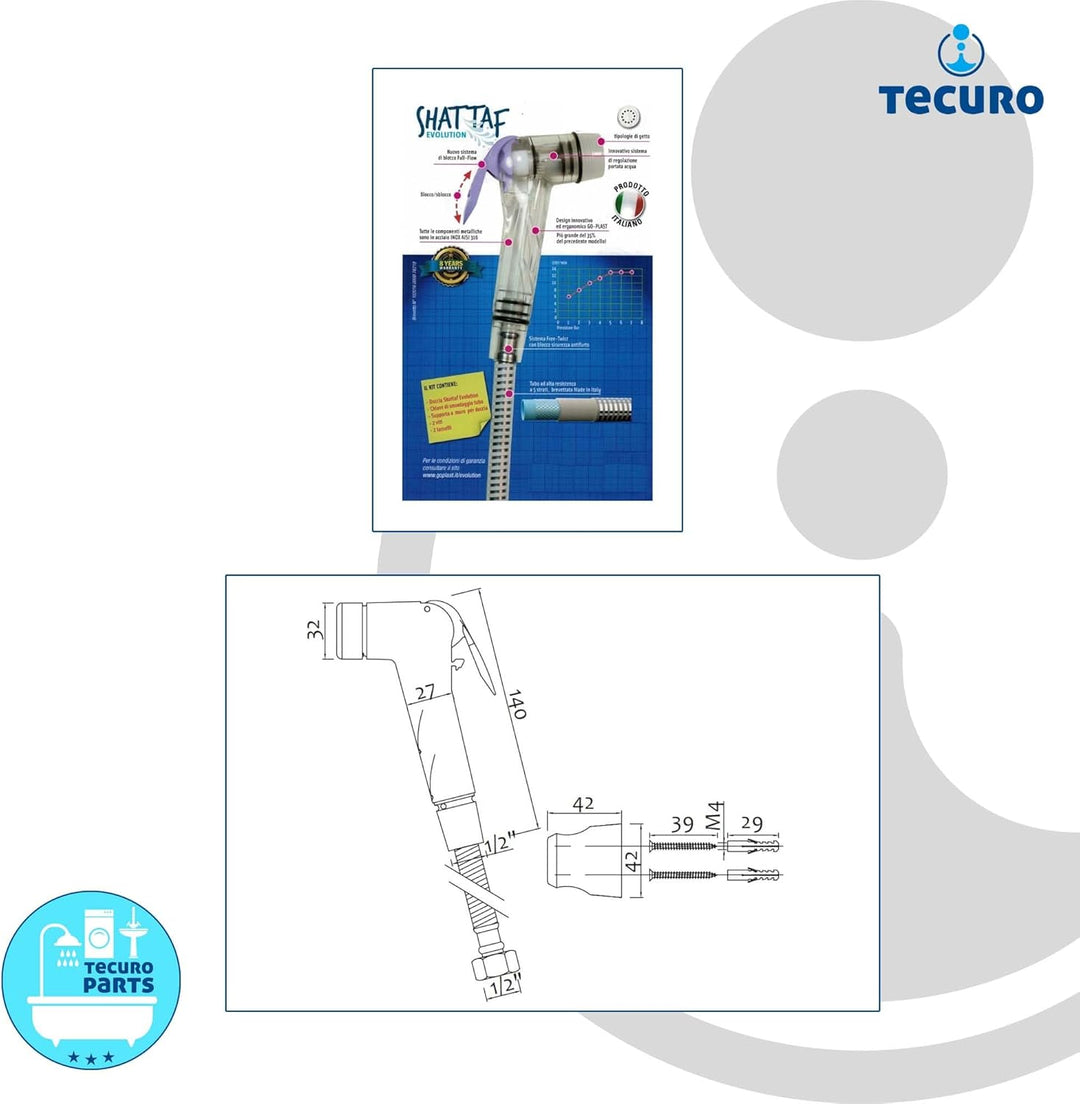 tecuro Bidet WC Handbrause Set SHATTAF, weiss/chrom, 1-strahlig, 1,20 m Schlauch und Wandhalter - T1