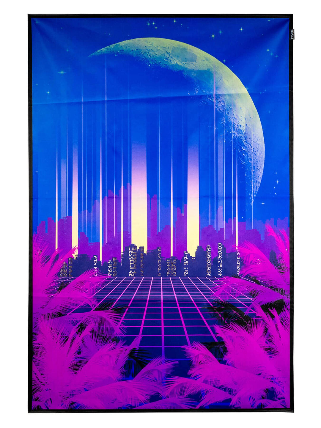 PSYWORK Schwarzlicht Stoffposter Neon | Vaporware 80 Skyline | 1,5 x 2,25m | UV-aktiv | fluoresziere