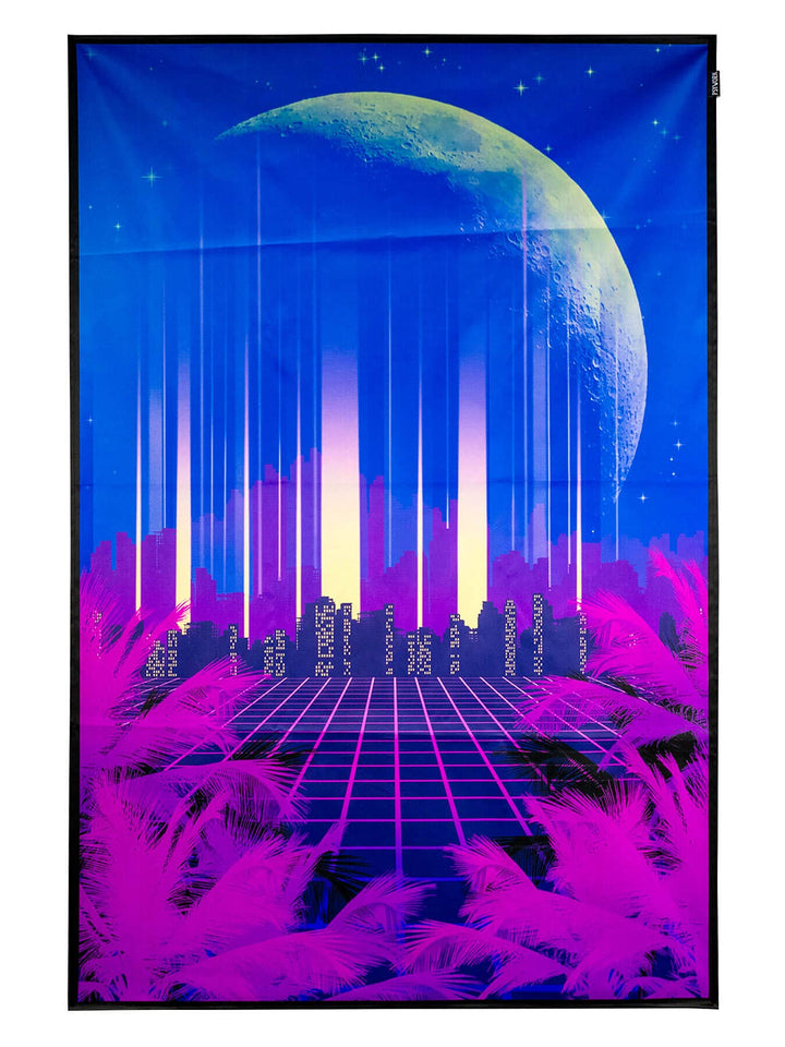 PSYWORK Schwarzlicht Stoffposter Neon | Vaporware 80 Skyline | 1,5 x 2,25m | UV-aktiv | fluoresziere