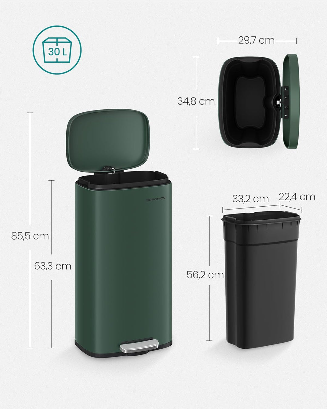 SONGMICS Mülleimer Küche, 30 Liter, Abfalleimer, Tretmülleimer, Küchenmülleimer mit Softclose-Deckel