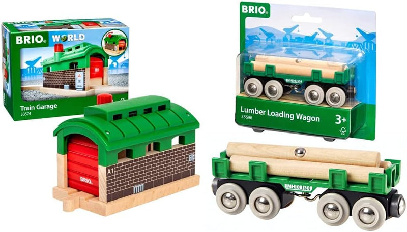 BRIO World 33574 - Lokschuppen mit Rolltor Mehrfarbig & Bahn 33696 - Langholzwagen Bundle mit Langho