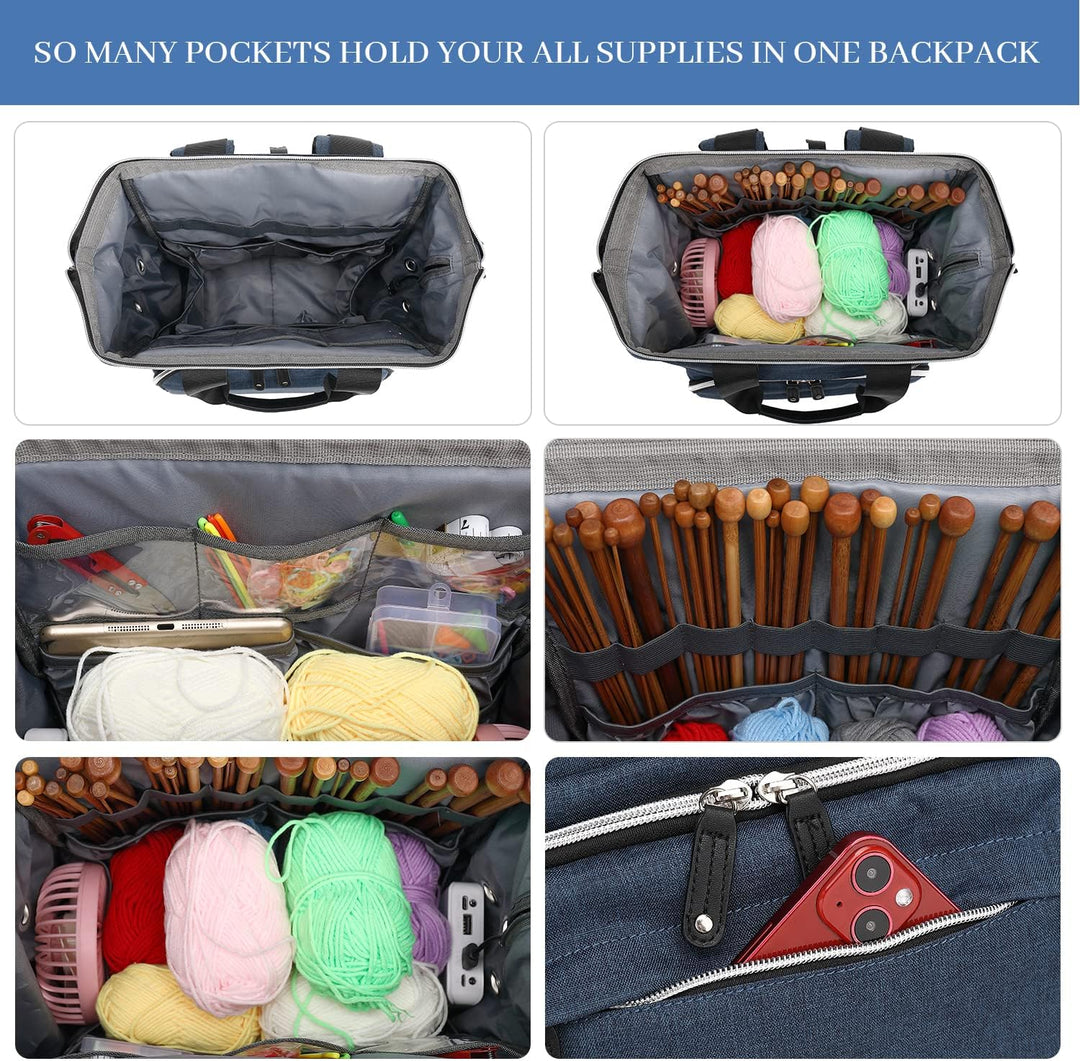 Stricktasche, Rucksack, Garnaufbewahrung, Organizer, Reise-Häkeltasche mit USB-Ladeanschluss, grosse