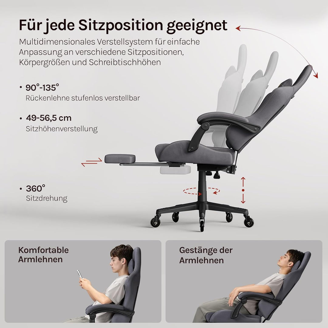WOLTU Gaming Stuhl,Erwachsenen Computersessel,mit Gummi-Stuhlrollen,Grau | Ergonomisch, mit Verstell