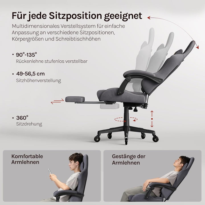 WOLTU Gaming Stuhl,Erwachsenen Computersessel,mit Gummi-Stuhlrollen,Grau | Ergonomisch, mit Verstell