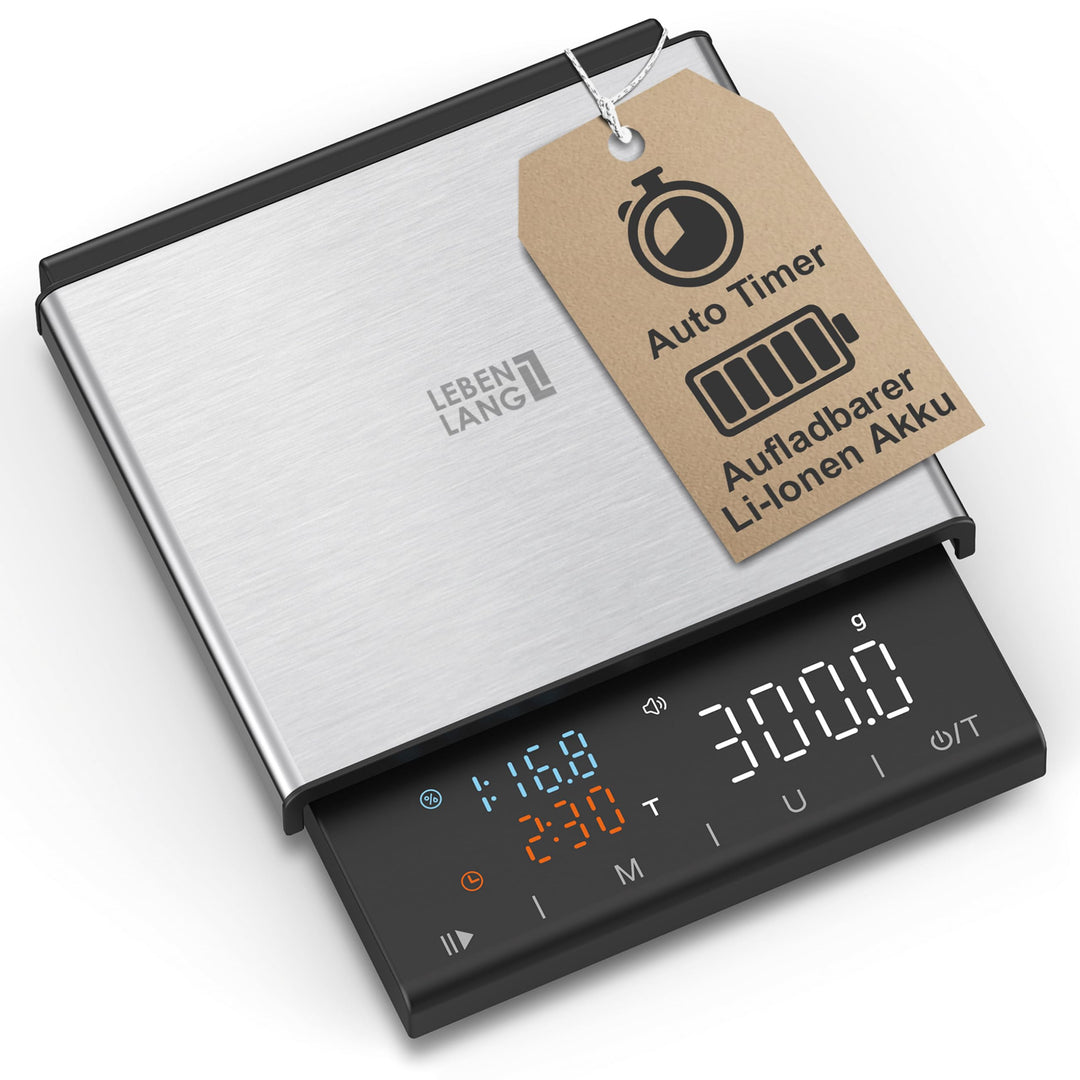 LEBENLANG Kaffeewaage & Espresso Waage - 0,1g Präzise mit Timer I Barista Coffee Scale I Kaffeewaage