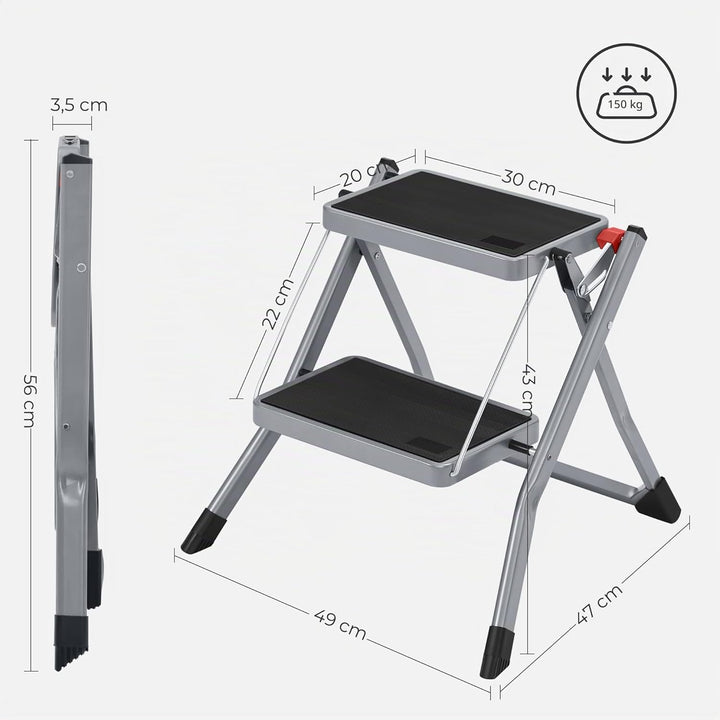 SONGMICS Klapptritt mit 2 Stufen, Trittleiter, Leiter, 20 cm breite Stufen, rutschfeste Gummimatte,
