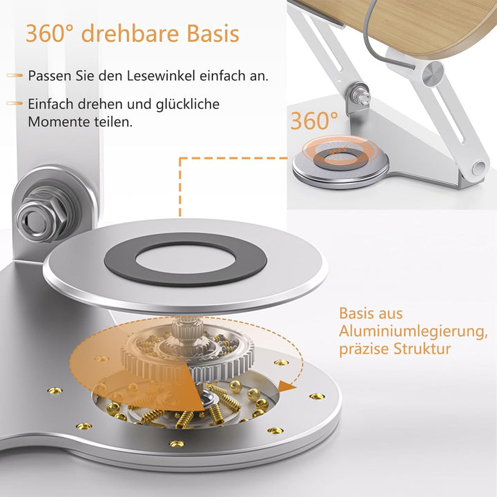 POLESTO Buchständer zum Lesen, Verstellbarer Buchhalter mit 360° Drehfuss, Faltbarer Kochbuchständer