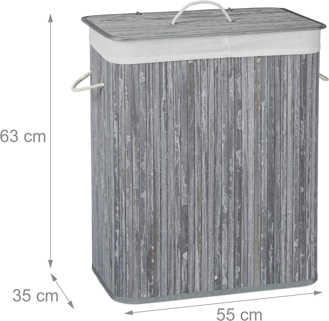Relaxdays Wäschekorb Bambus mit Deckel, rechteckiger Wäschesammler, 2 Fächer, 95 l Volumen, faltbare