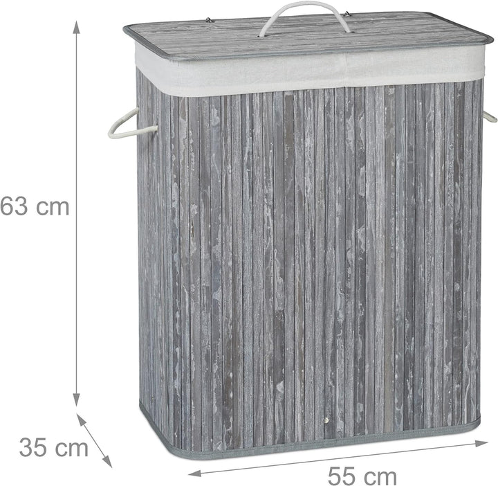 Relaxdays Wäschekorb Bambus mit Deckel, rechteckiger Wäschesammler, 2 Fächer, 95 l Volumen, faltbare