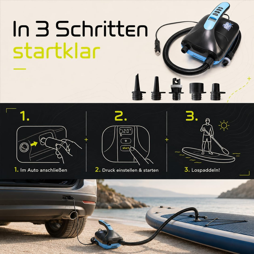SkinStar elektrische SUP Board Pumpe Luftpumpe Kompressor Stand Up Paddle | Bis 20 PSI, automatische