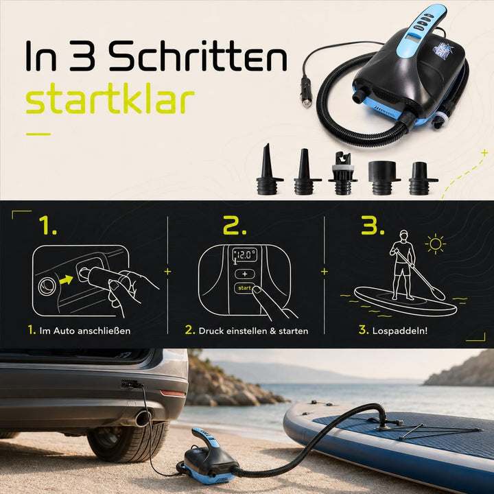 SkinStar elektrische SUP Board Pumpe Luftpumpe Kompressor Stand Up Paddle | Bis 20 PSI, automatische