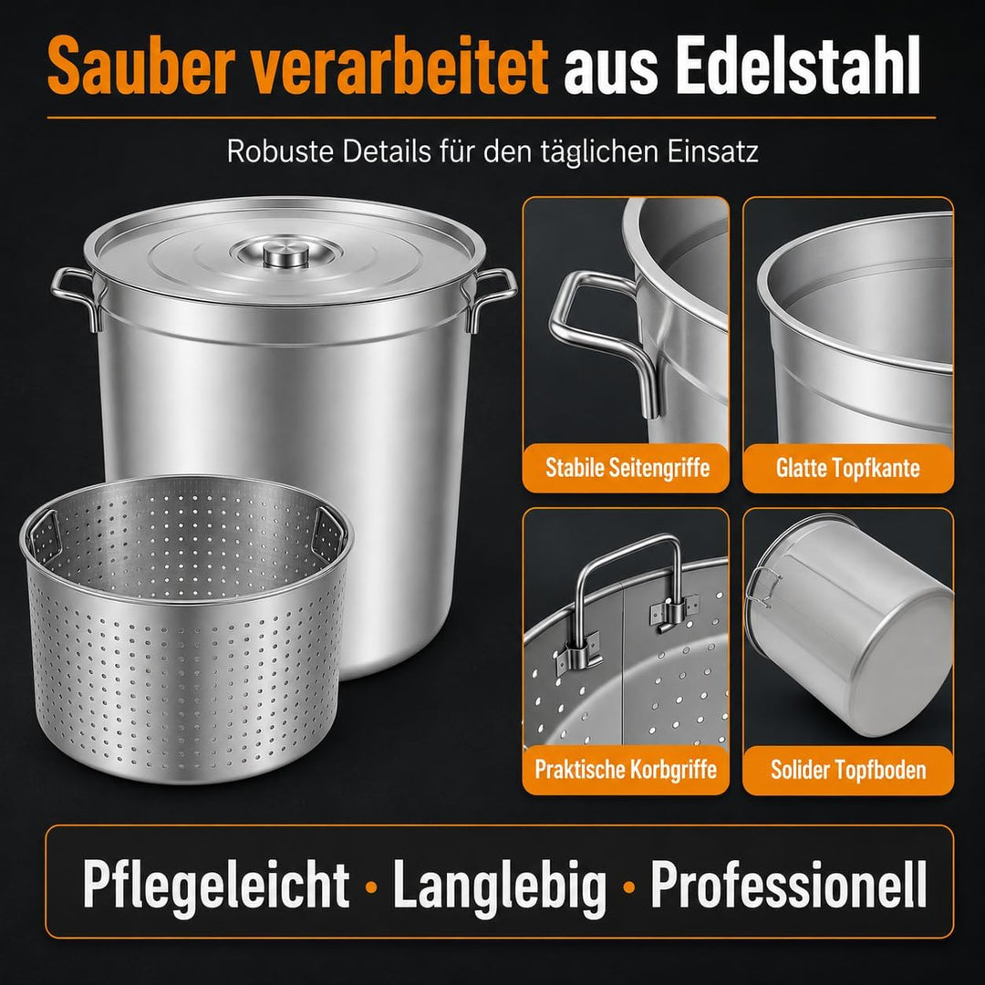 100L Suppentopf mit Deckel und Siebkorb, Edelstahl Kochtopf Induktion Kompatibel, Grosser Gewerbetop